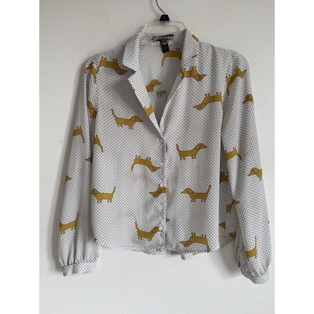 F21 Dachshund Dog Print Button Down Blouse Forever 21 Small - Picture 7 of 12